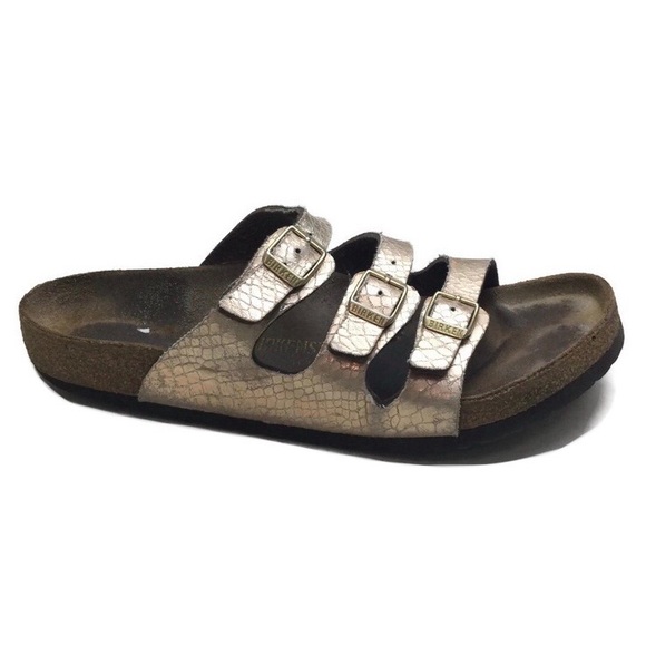 Birkenstock Florida Gold Snake Embossed 3 Strap Sandals Size 11 - Picture 1 of 12